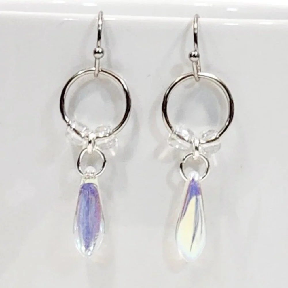 Czechoslovakian White Glass Dagger Earrings Lightweight Minimalist